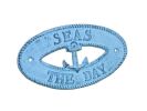 Dark Blue Whitewashed Cast Iron Seas the Day with Anchor Sign 8""