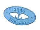 Dark Blue Whitewashed Cast Iron Seas the Day with Anchor Sign 8""