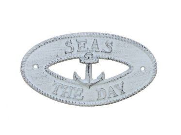 Whitewashed Cast Iron Seas the Day with Anchor Sign 8""
