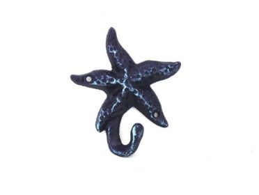 Rustic Dark Blue Cast Iron Starfish Hook 4"