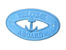 Light Blue Whitewashed Cast Iron Welcome Aboard with Anchor Sign 8""