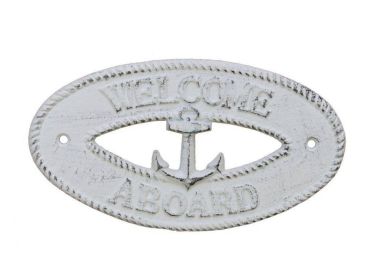 Whitewashed Cast Iron Welcome Aboard with Anchor Sign 8""