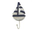 Wooden Rustic Decorative Blue and White Sailboat with Hook 7"