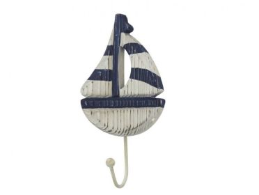 Wooden Rustic Decorative Blue and White Sailboat with Hook 7"