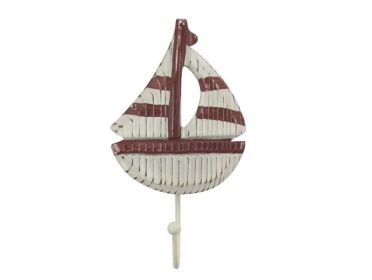 Wooden Rustic Decorative Red and White Sailboat with Hook 7"