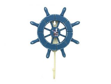 Rustic All Light Blue Decorative Ship Wheel with Seagull and Hook 8"
