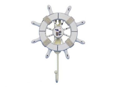 Rustic All White Decorative Ship Wheel with Seagull and Hook 8"