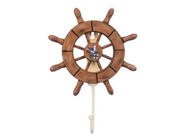 Rustic Wood Finish Decorative Ship Wheel with Seagull and Hook 8"