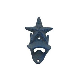 Rustic Light Blue Whitewashed Cast Iron Wall Mounted Starfish Bottle Opener 6""