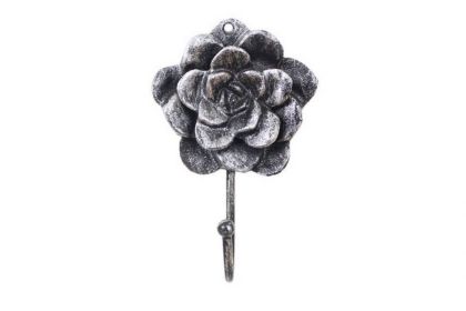 Rustic Silver Cast Iron Decorative Rose Hook 7""