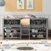 Twin Size Low Loft Bed with Two Movable Shelves and Ladder; with Decorative Guardrail Chalkboard; Gray