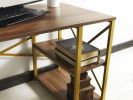 Furnish Home Store Morello Gold Metal Frame 47" Wooden Top 2 Shelves Writing and Computer Desk for Home Office; White