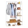 Clothes Rack with 5 Wood Shelf, Freestanding Clothing Rack, Garment Rack, Standing Metal Sturdy Clothing Rack, White