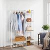 Clothes Rack with 5 Wood Shelf, Freestanding Clothing Rack, Garment Rack, Standing Metal Sturdy Clothing Rack, White