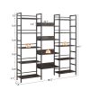Triple Wide 5-shelf Bookshelves Industrial Retro Wooden Style Home and Office Large Open Bookshelves, Dark Grey, 69.3''W x 11.8''D x 70.1''H