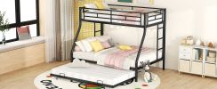 Twin over Full Bed with Sturdy Steel Frame, Bunk Bed with Twin Size Trundle, Two-Side Ladders, Black