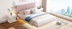 Queen Size Upholstered Bed with LED lights and Headboard, Floating Velvet Platform Bed, Pink