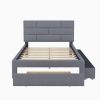 Full Size Linen Upholstered Platform Bed With a Drawer and Storage Shelves