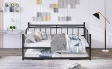 Full Size Metal Daybed with Twin Size Adjustable Trundle, Portable Folding Trundle
