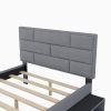 Full Size Linen Upholstered Platform Bed With a Drawer and Storage Shelves