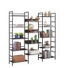 Triple Wide 5-shelf Bookshelves Industrial Retro Wooden Style Home and Office Large Open Bookshelves, Dark Grey, 69.3''W x 11.8''D x 70.1''H