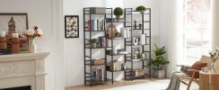 Triple Wide 5-shelf Bookshelves Industrial Retro Wooden Style Home and Office Large Open Bookshelves, Dark Grey, 69.3''W x 11.8''D x 70.1''H