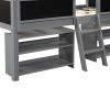 Twin Size Low Loft Bed with Two Movable Shelves and Ladder; with Decorative Guardrail Chalkboard; Gray