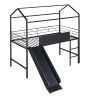Metal House Bed With Slide; Twin Size Metal Loft Bed with Two-sided writable Wooden Board (Black )