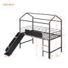 Metal House Bed With Slide; Twin Size Metal Loft Bed with Two-sided writable Wooden Board (Black )