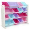 White/Pink Kids Toy Storage Organizer with 16 Plastic Bins