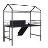 Metal House Bed With Slide; Twin Size Metal Loft Bed with Two-sided writable Wooden Board (Black )
