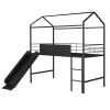 Metal House Bed With Slide; Twin Size Metal Loft Bed with Two-sided writable Wooden Board (Black )