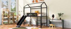 Metal House Bed With Slide; Twin Size Metal Loft Bed with Two-sided writable Wooden Board (Black )