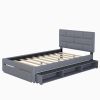 Full Size Linen Upholstered Platform Bed With a Drawer and Storage Shelves