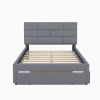 Full Size Linen Upholstered Platform Bed With a Drawer and Storage Shelves