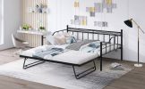Full Size Metal Daybed with Twin Size Adjustable Trundle, Portable Folding Trundle