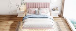 Queen Size Upholstered Bed with LED lights and Headboard, Floating Velvet Platform Bed, Pink