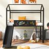 Metal House Bed With Slide; Twin Size Metal Loft Bed with Two-sided writable Wooden Board (Black )