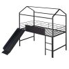 Metal House Bed With Slide; Twin Size Metal Loft Bed with Two-sided writable Wooden Board (Black )