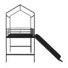 Metal House Bed With Slide; Twin Size Metal Loft Bed with Two-sided writable Wooden Board (Black )