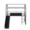 Metal House Bed With Slide; Twin Size Metal Loft Bed with Two-sided writable Wooden Board (Black )
