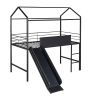 Metal House Bed With Slide; Twin Size Metal Loft Bed with Two-sided writable Wooden Board (Black )