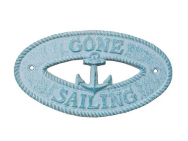 Rustic Light Blue Whitewashed Cast Iron Gone Sailing with Anchor Sign 8""