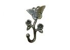 Rustic Silver Cast Iron Butterfly With Flowers Hook 5""