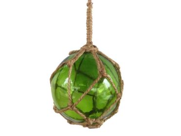 Green Japanese Glass Ball Fishing Float With Brown Netting Decoration 4""