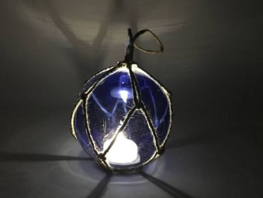 LED Lighted Dark Blue Japanese Glass Ball Fishing Float with Brown Netting Decoration 3""