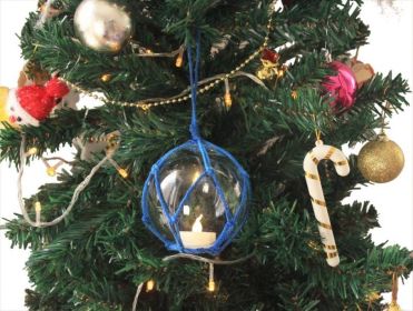 LED Lighted Clear Japanese Glass Ball Fishing Float with Blue Netting Christmas Tree Ornament 4""