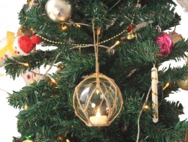 LED Lighted Clear Japanese Glass Ball Fishing Float with Brown Netting Christmas Tree Ornament 4""