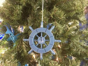 Rustic Light Blue Decorative Ship Wheel With Sailboat Christmas Tree Ornament 6""