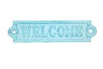 Rustic Light Blue Whitewashed Cast Iron Welcome Sign 6""